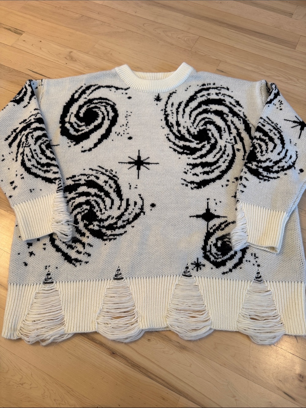 Aelfric Eden Starry Night Jacquard Knit Sweater White Black Distressed Unisex M